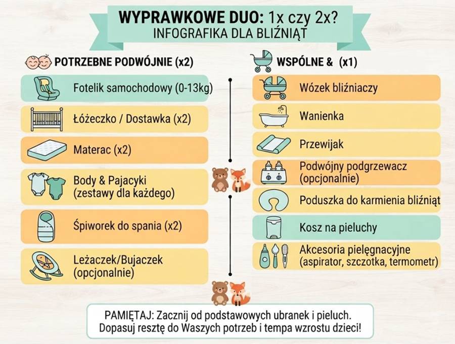 Infografika podsumowująca wyprawkę dla bliźniaków: co kupić podwójnie, a co wystarczy w ilości jeden sztuki.
